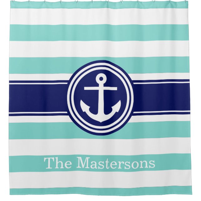 Turquoise Aqua Wt Navy Blue Nautical Stripe Anchor Shower Curtain (Front)
