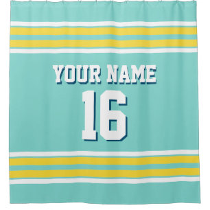 Turquoise Aqua Yellow White Stripes Sports Jersey Shower Curtain