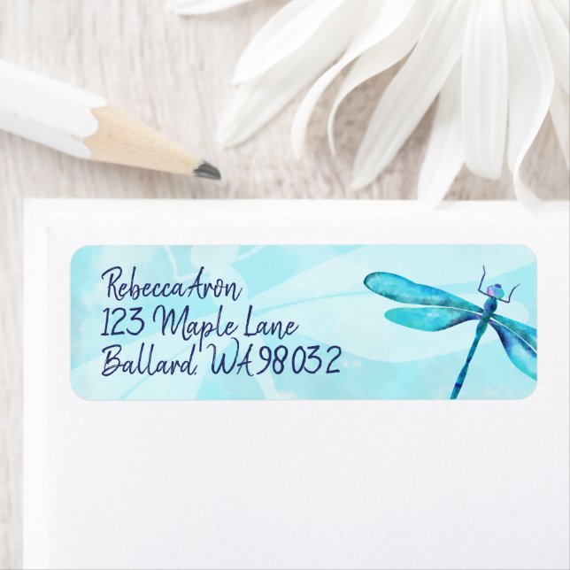 Turquoise, Aquamarine Dragonfly Address Label (Insitu)