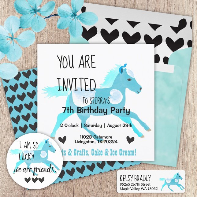 Turquoise, Aquamarine Pony Birthday Invitation (turquoise light blue pony black hearts cute pony ride birthday party invitation galloping pony)