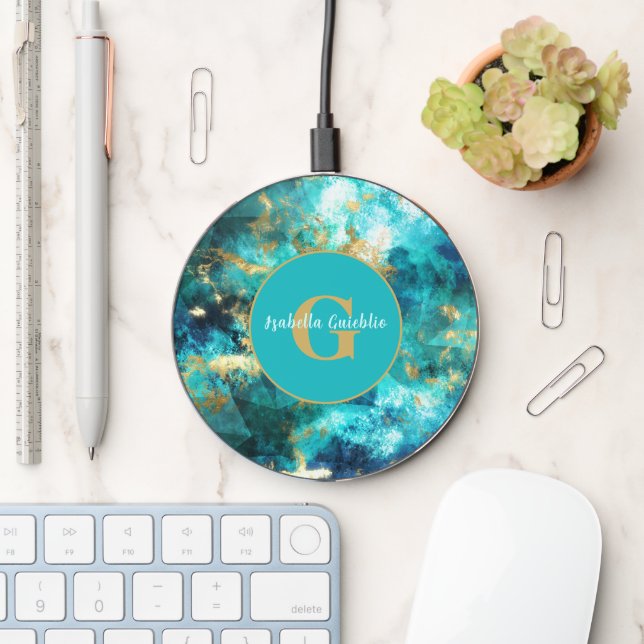 Turquoise Aquas and Gold Gemstone Monogram Wireless Charger (Desk)
