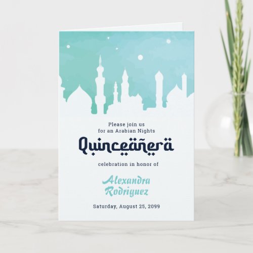 Turquoise Arabian Nights Watercolor Quinceaera Invitation