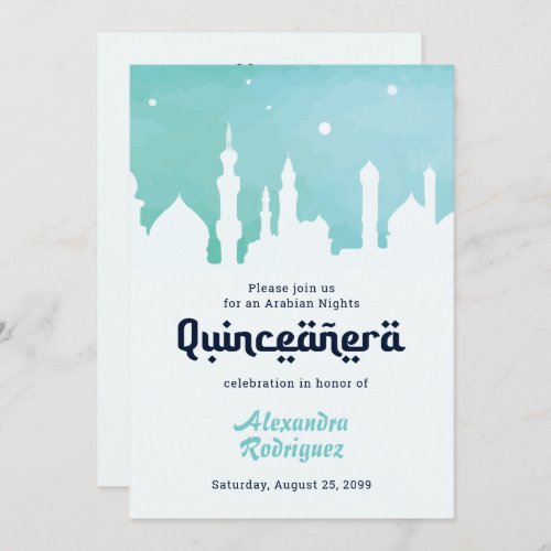 Turquoise Arabian Nights Watercolor Quinceaera Invitation
