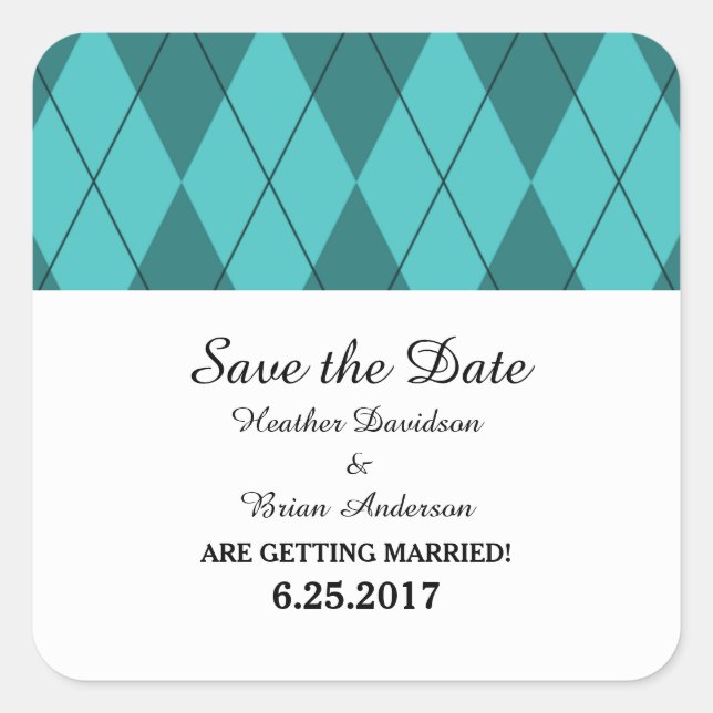 Turquoise Argyle Save the Date Stickers (Front)