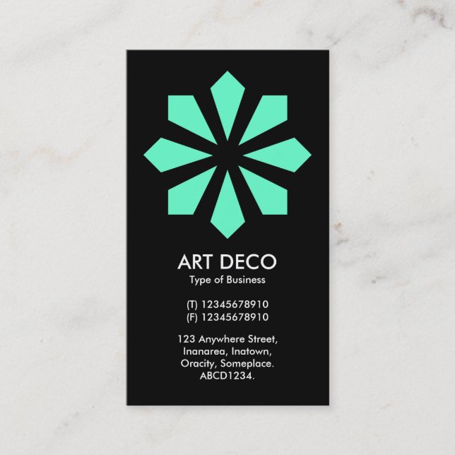 Turquoise Art Deco Flower Star - Black Business Card (Front)