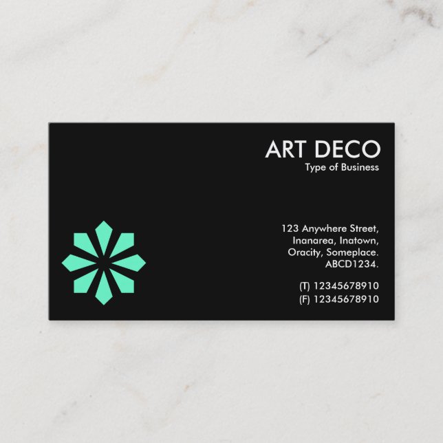 Turquoise Art Deco Flower Symbol - Black Business Card (Front)