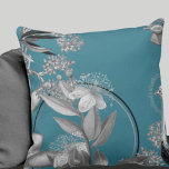 Turquoise Artistic Floral Design Throw Pillow<br><div class="desc">Stylish throw pillow features an artistic botanical floral design in a turquoise color palette with silver gray and black accents. An artistic floral design features a blooming myrtle branch and an abstract composition with faint geometric circles and olive branches and blooming flowers on a burgundy wine colored background. This layered...</div>