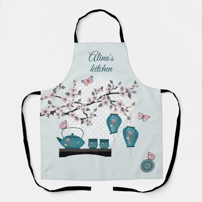 Turquoise Asian tea set butterflies in blossom Apron (Front)