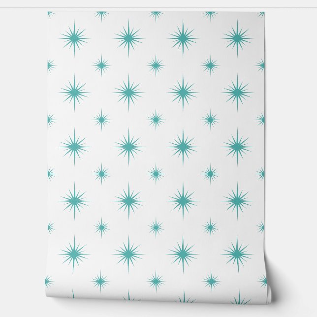 Turquoise Atomic Starburst Mid-century Pattern Wallpaper (Unrolling)
