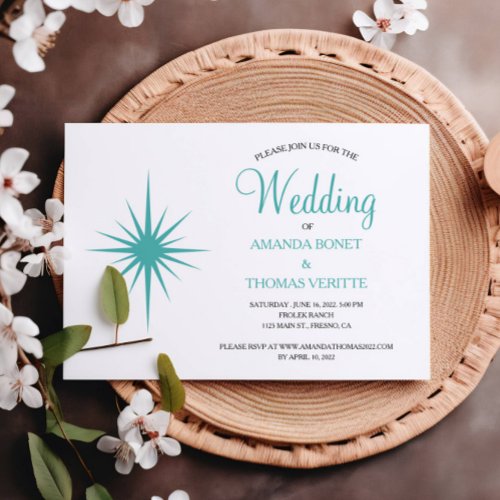 Turquoise Atomic Starburst Mid Century Wedding Invitation