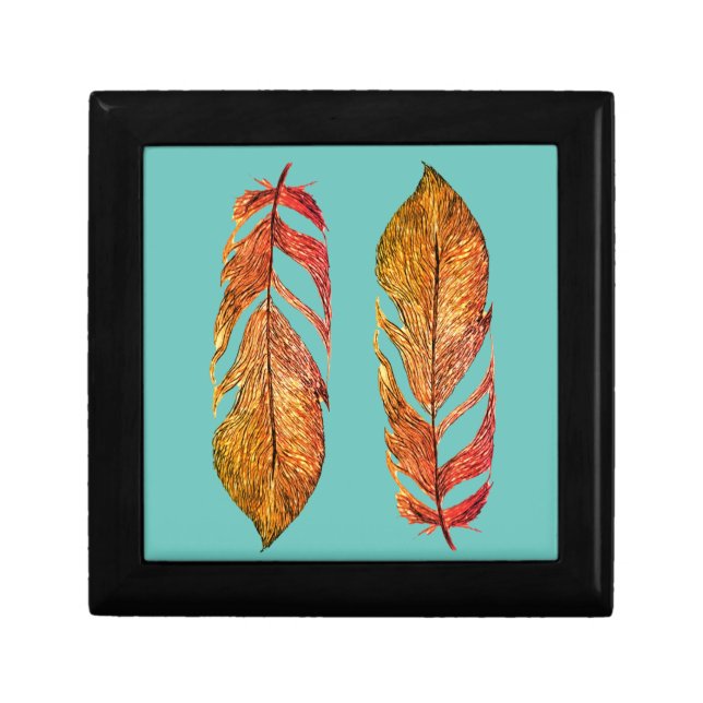 Turquoise Autumn Feathers Keepsake Box (Front)