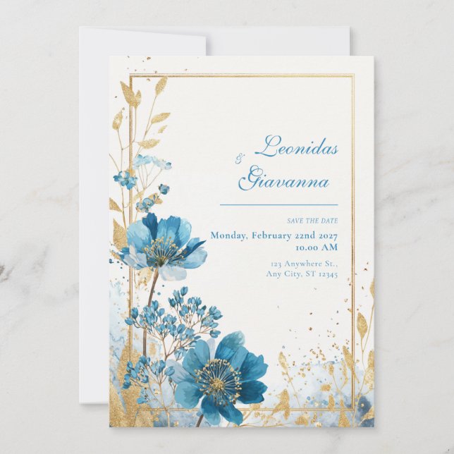 Turquoise Azure Blue Gold Glitter Watercolor Invitation (Front)