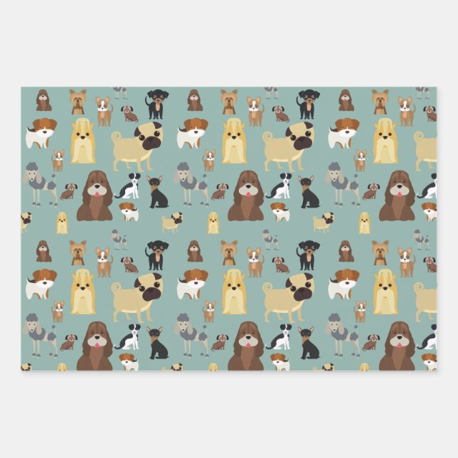 turquoise background dogs pattern wrapping paper sheets (Front)