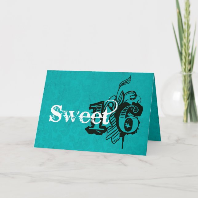 Turquoise Background Sweet 16 Birthday Card (Front)