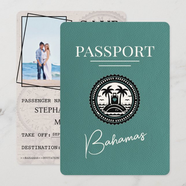 Turquoise Bahamas Passport Save The Date (Front/Back)