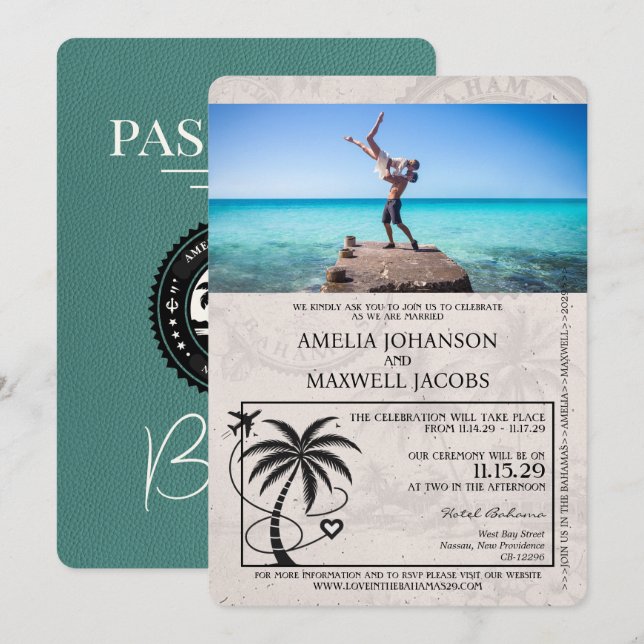 Turquoise Bahamas Passport Wedding Invitation (Front/Back)