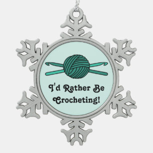 Turquoise Ball of Yarn & Crochet Hooks Snowflake Pewter Christmas Ornament