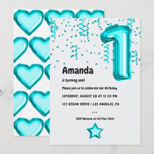 Turquoise Balloon 1st Birthday Party Invitation (Front/Back)