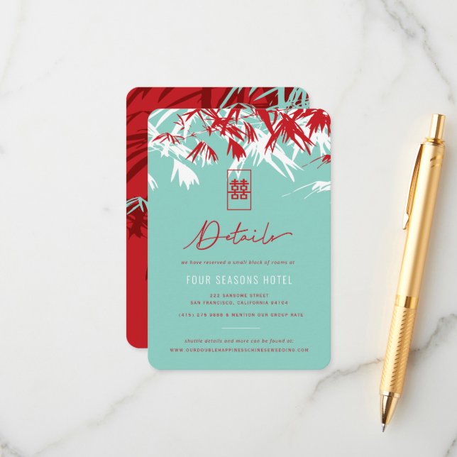 Turquoise Bamboo Leaves Chinese Wedding Detailsddd Enclosure Card (Front/Back In Situ)