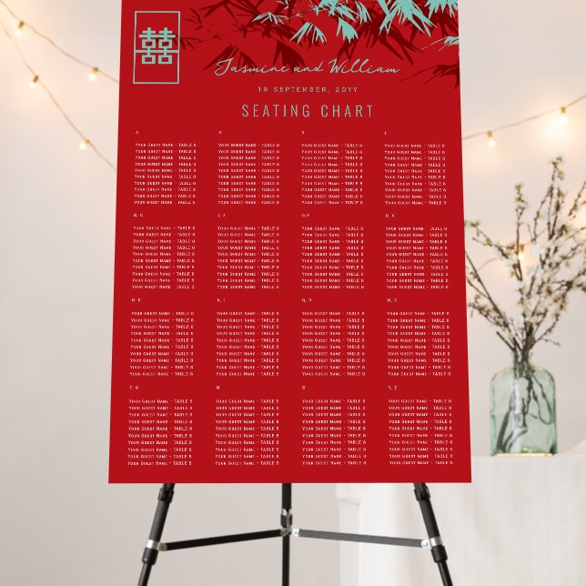 Turquoise Bamboo Leaves Chinese Wedding Seat Chart Foam Board (In Situ (Stand))