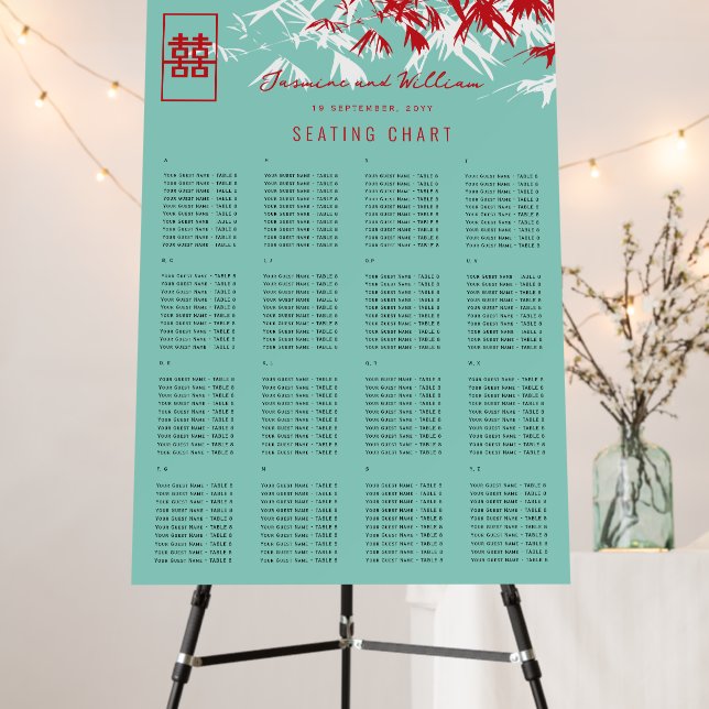 Turquoise Bamboo Leaves Chinese Wedding Seat Chart Foam Board (In Situ (Stand))