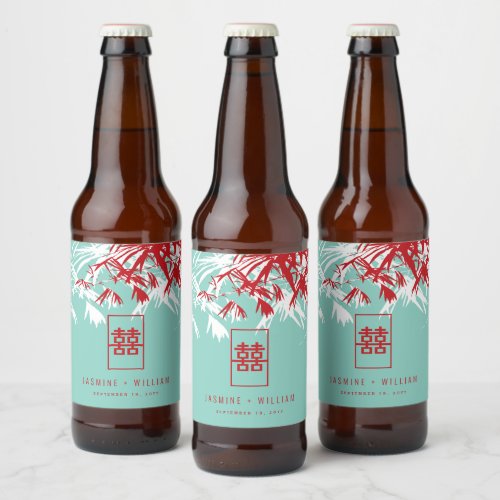 Turquoise Bamboo Leaves Double Xi Chinese Wedding Beer Bottle Label