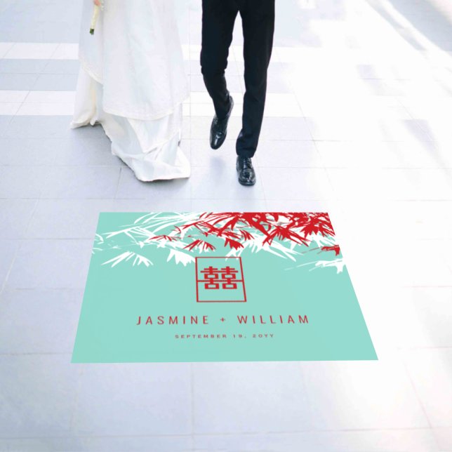 Turquoise Bamboo Leaves Double Xi Chinese Wedding Floor Decals (Wedding)