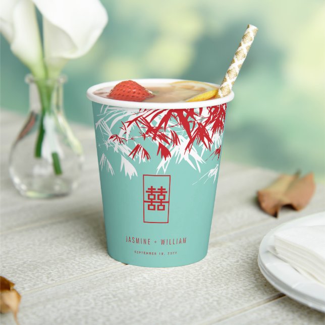Turquoise Bamboo Leaves Double Xi Chinese Wedding Paper Cups (Insitu)
