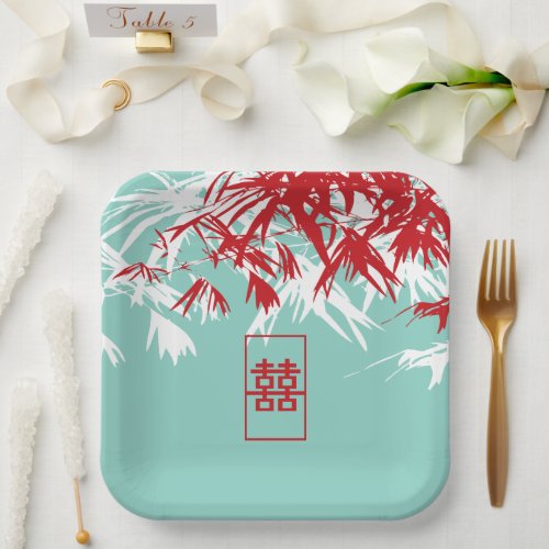 Turquoise Bamboo Leaves Double Xi Chinese Wedding Paper Plates
