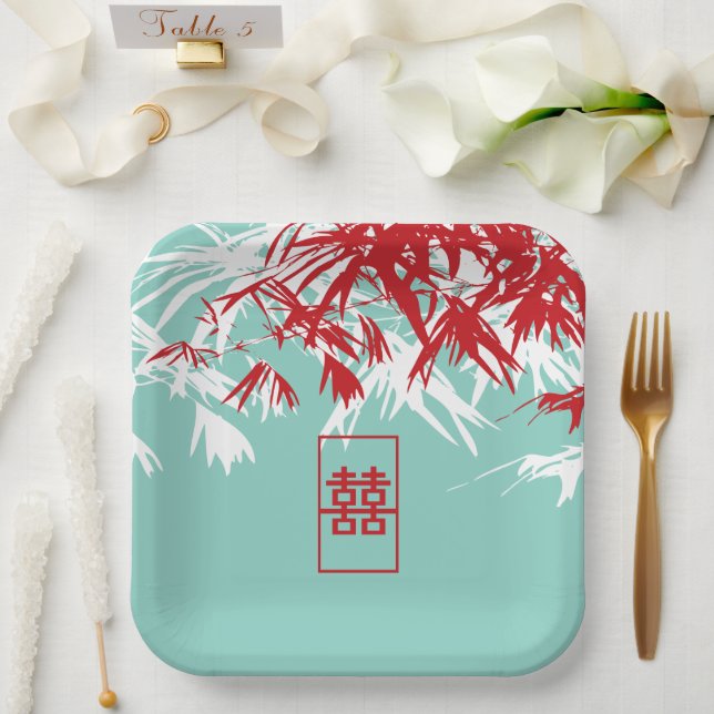 Turquoise Bamboo Leaves Double Xi Chinese Wedding Paper Plates (Wedding)
