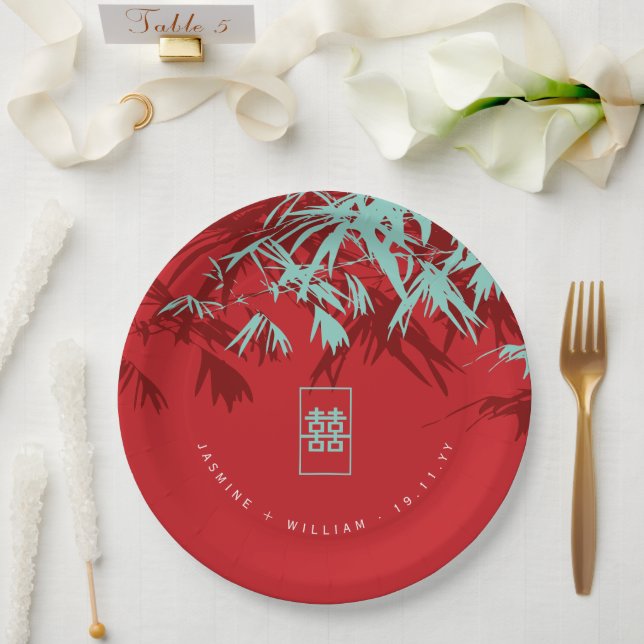 Turquoise Bamboo Leaves Double Xi Chinese Wedding Paper Plates (Wedding)
