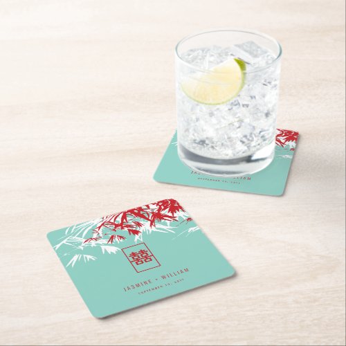 Turquoise Bamboo Leaves Double Xi Chinese Wedding Square Paper Coaster