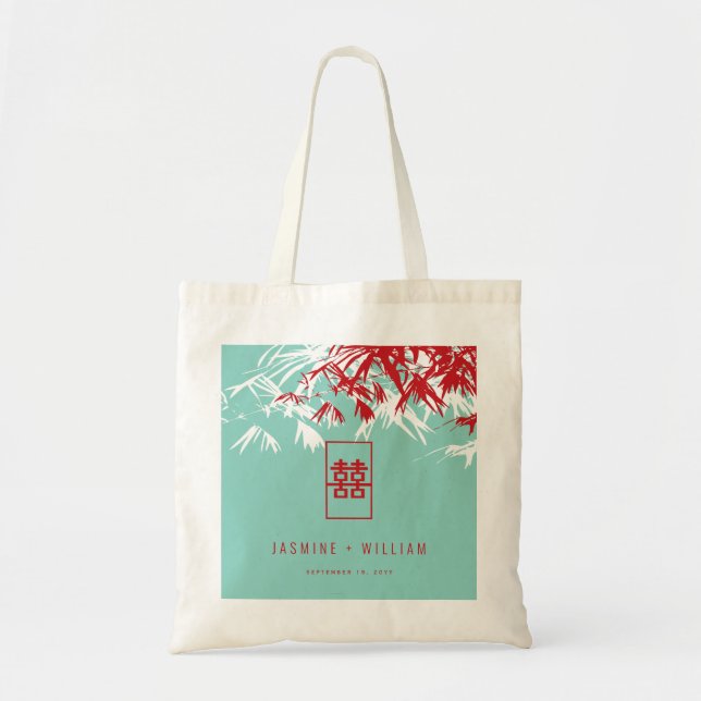 Turquoise Bamboo Leaves Double Xi Chinese Wedding Tote Bag (Front)