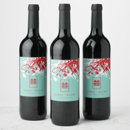 Turquoise Bamboo Leaves Double Xi Chinese Wedding Wine Label