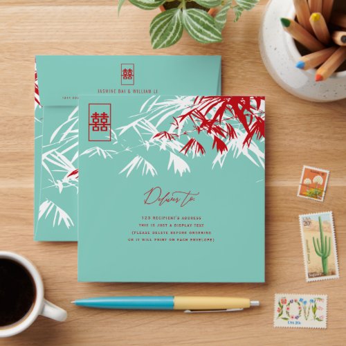 Turquoise Bamboo Leaves Shuang Xi Chinese Wedding  Envelope