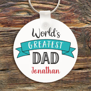 Turquoise Banner World’s Greatest Dad Script Name Keychain