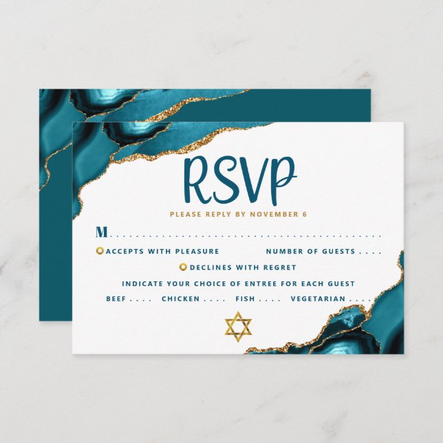 Turquoise Bar Mitzvah Agate Script Bold Modern RSVP Card (Front/Back)