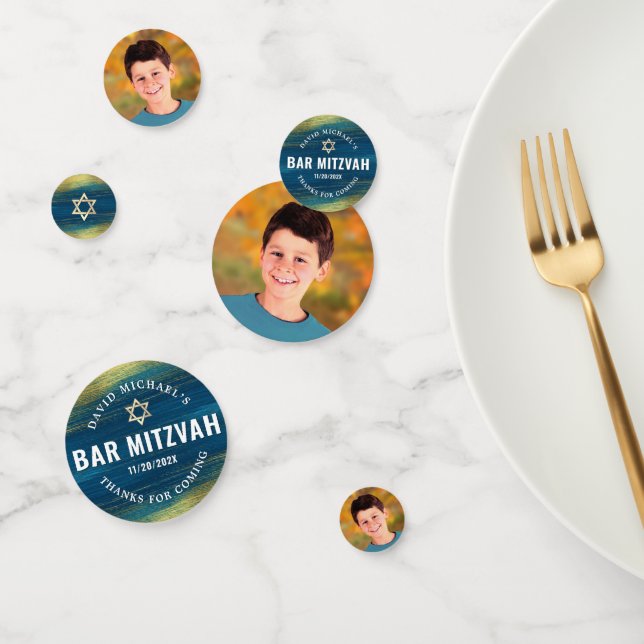 Turquoise Bar Mitzvah Photo Gold Foil Bold Modern Confetti (Group)