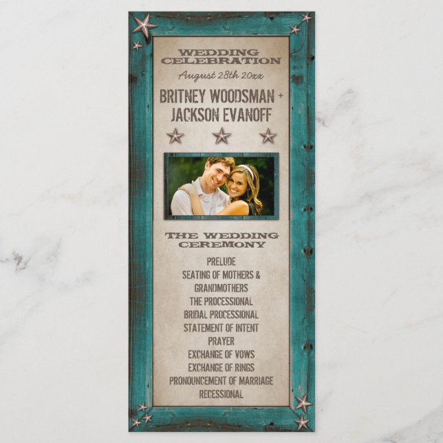 Turquoise Barn Wood Stars Western Wedding Programs (Front)