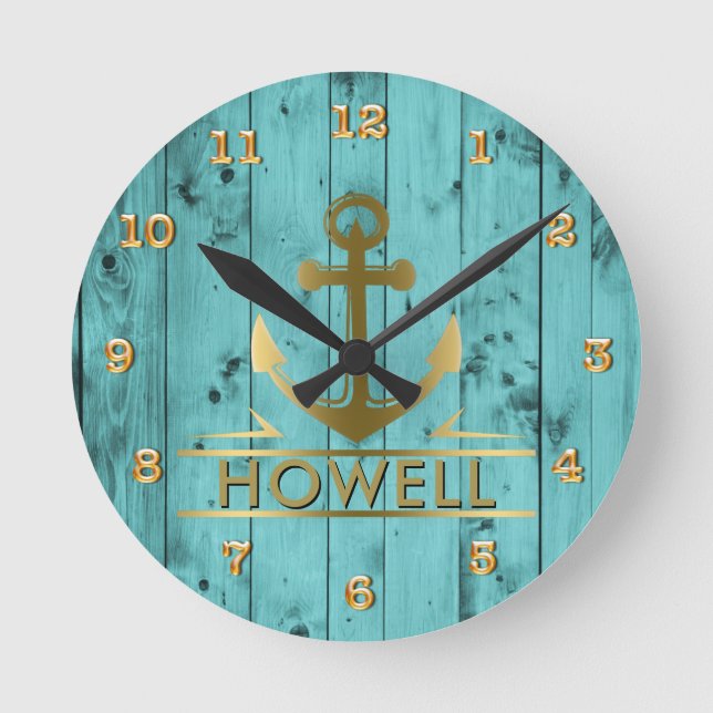 Turquoise Barn Wood Teal Woodgrain Nautical Anchor Round Clock (Front)