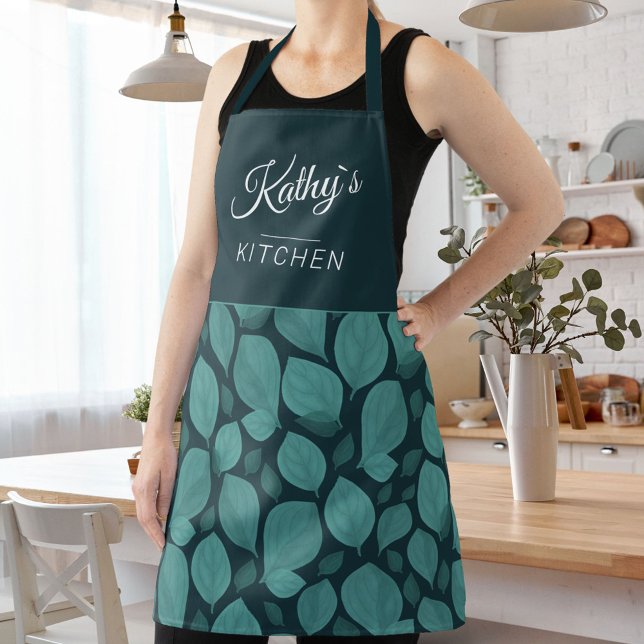 Turquoise Basil Herb Leaf Pattern Botanical Name Apron (Creator Uploaded)
