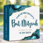 Turquoise Bat Mitzvah Agate Gold Script Keepsake 3 Ring Binder<br><div class="desc">Let your favorite Bat Mitzvah be proud, rejoice and celebrate her milestone with this stunning keepsake scrapbook memory album. Dark teal blue script typography and a faux gold Star of David overlay a simple, clean white background with turquoise blue agate rocks accented with faux gold veins. Additional agate rocks and...</div>