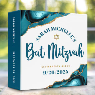 Turquoise Bat Mitzvah Agate Gold Script Keepsake 3 Ring Binder