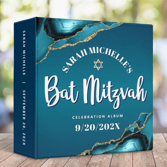 Turquoise Bat Mitzvah Agate Ombre Script Keepsake 3 Ring Binder (Creator Uploaded)