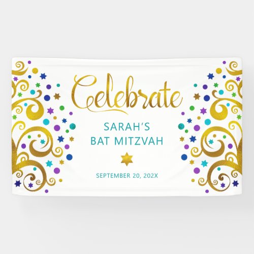 Turquoise Bat Mitzvah Gold Foil Script Tree o Life Banner