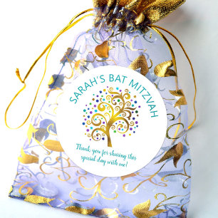 Turquoise Bat Mitzvah Gold Foil Tree of Life Type Classic Round Sticker