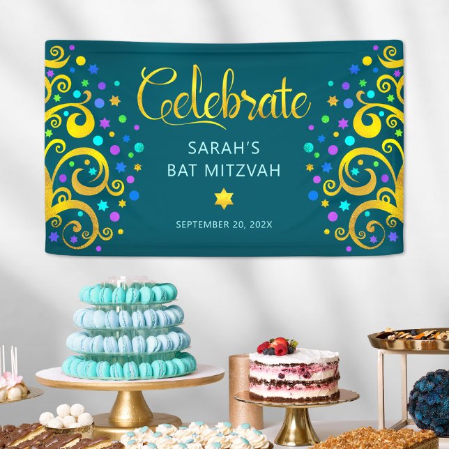 Turquoise Bat Mitzvah Gold Script Tree of Life Banner (Creator Uploaded)