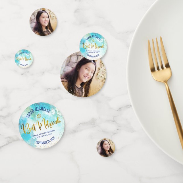 Turquoise Bat Mitzvah Photo Gold Script Watercolor Confetti (Group)