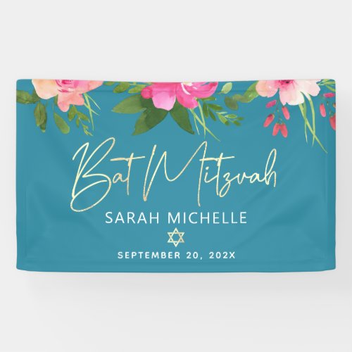 Turquoise Bat Mitzvah Pink Floral Gold Script Bold