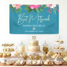 Turquoise Bat Mitzvah Pink Floral Gold Script Bold